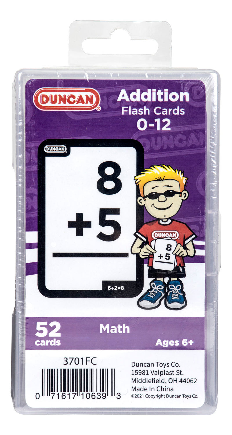 Duncan 0-12 Addition Flash Cards in a clear plastic case, featuring an "8 + 5" problem and a cartoon boy