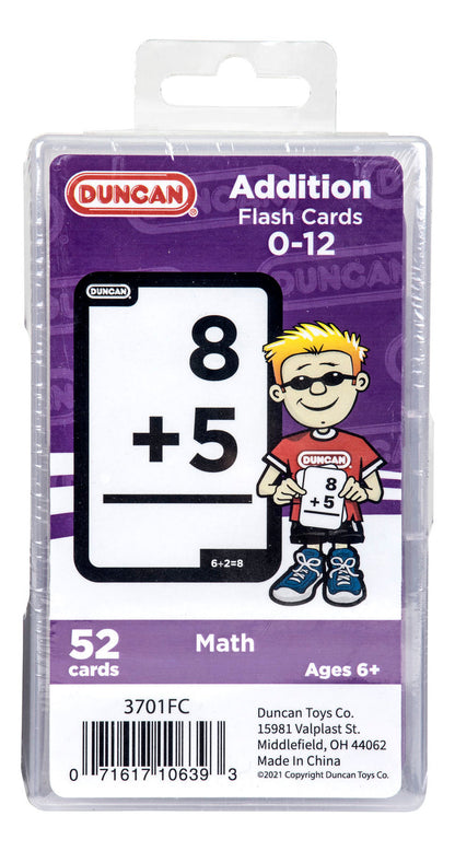 Duncan 0-12 Addition Flash Cards in a clear plastic case, featuring an "8 + 5" problem and a cartoon boy