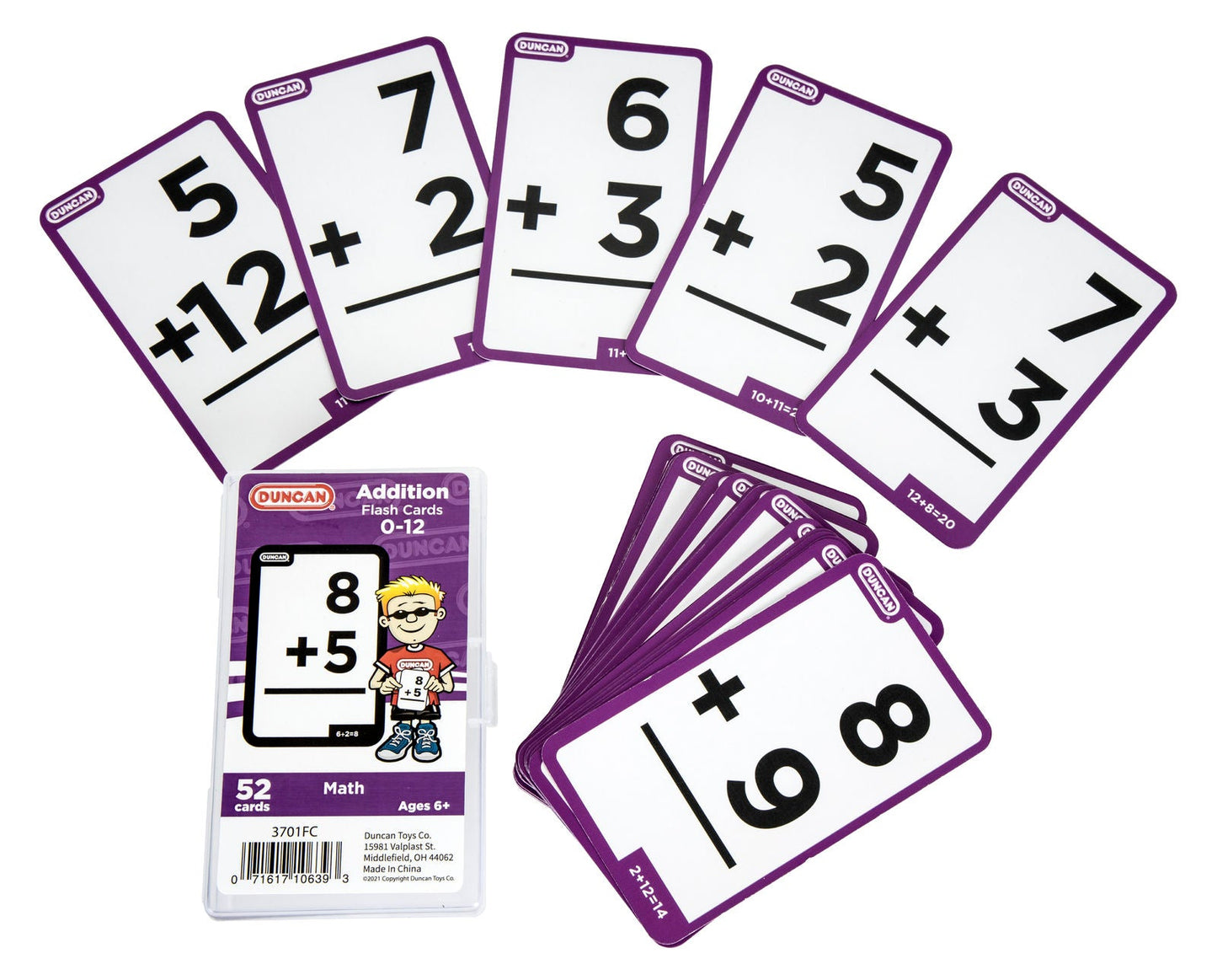 Duncan Addition Flash Cards 0-12 set. White cards with purple borders showing various addition problems are fanned around their plastic case
