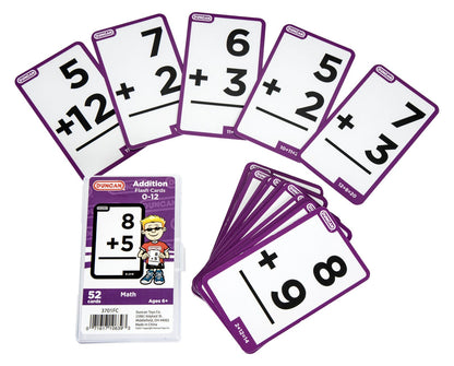 Duncan Addition Flash Cards 0-12 set. White cards with purple borders showing various addition problems are fanned around their plastic case