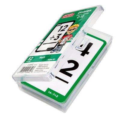 Partially open clear plastic case of Duncan Division Flash Cards 0-12, showing a card with '14 ÷ 7 = 2'