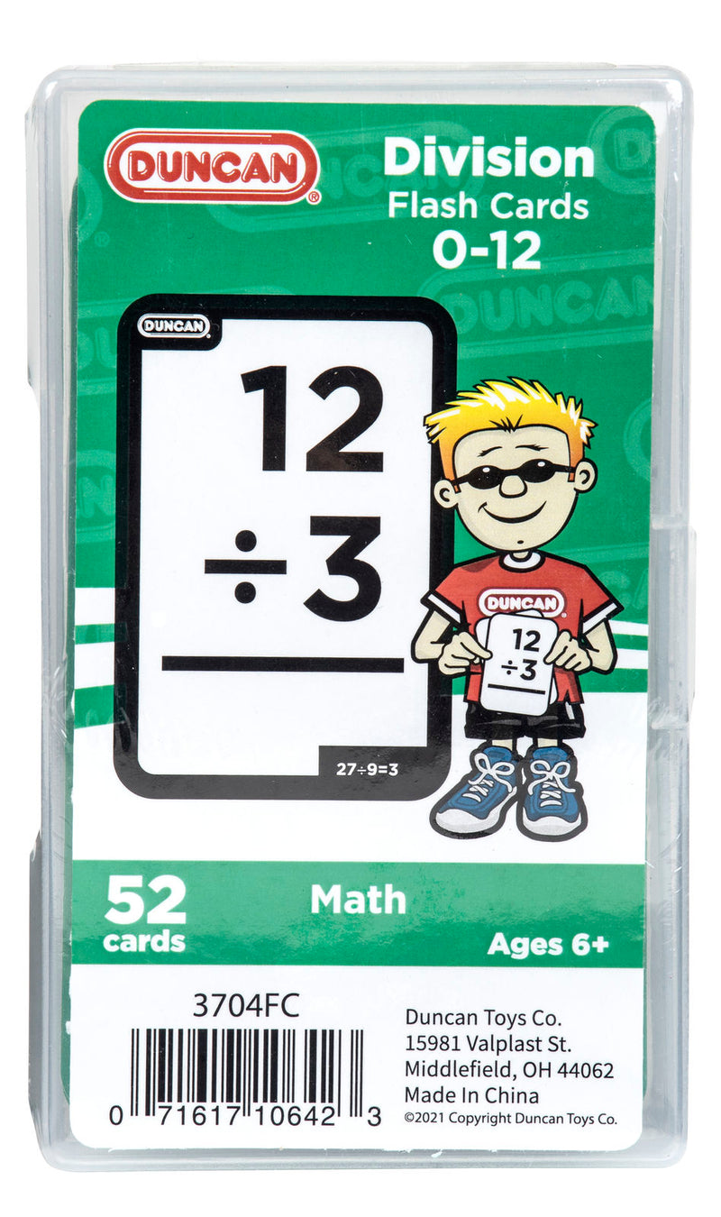 Duncan Division Flash Cards 0-12 package, showing a sample card with "12 ÷ 3" and a cartoon boy