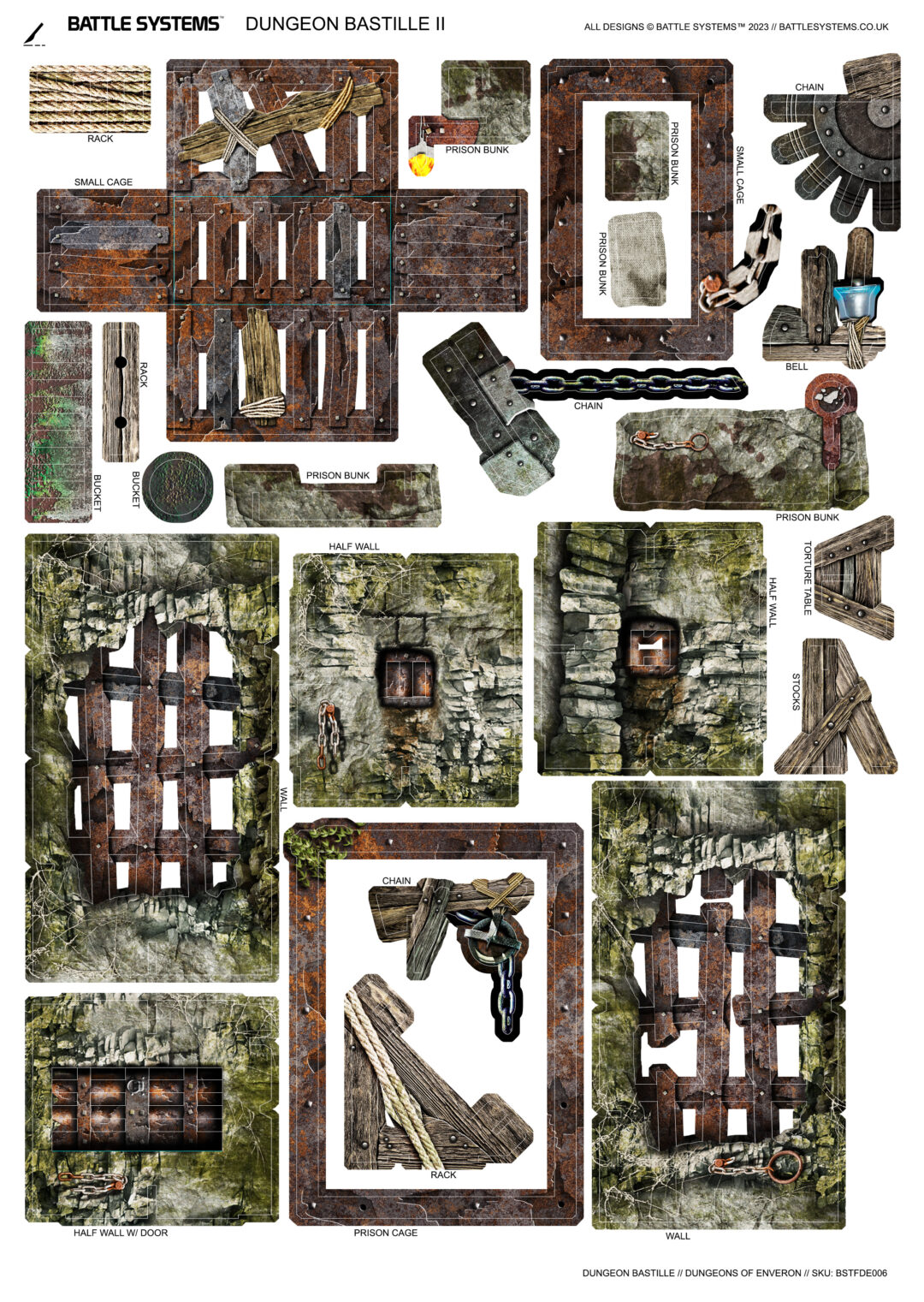 Printed components for Battle Systems Dungeon Bastille II, showing modular prison walls, cages, racks, and accessories