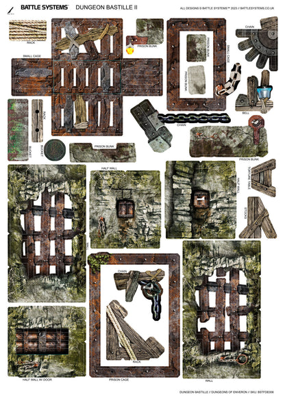Printed components for Battle Systems Dungeon Bastille II, showing modular prison walls, cages, racks, and accessories
