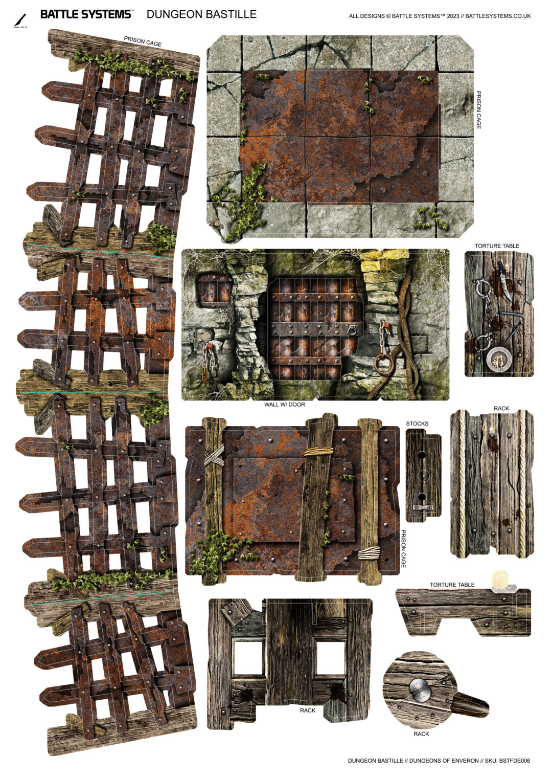Modular dungeon terrain set featuring rusty prison cages, stone walls with doors, stocks, and torture equipment