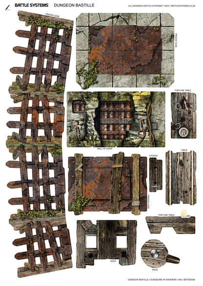Modular dungeon terrain set featuring rusty prison cages, stone walls with doors, stocks, and torture equipment