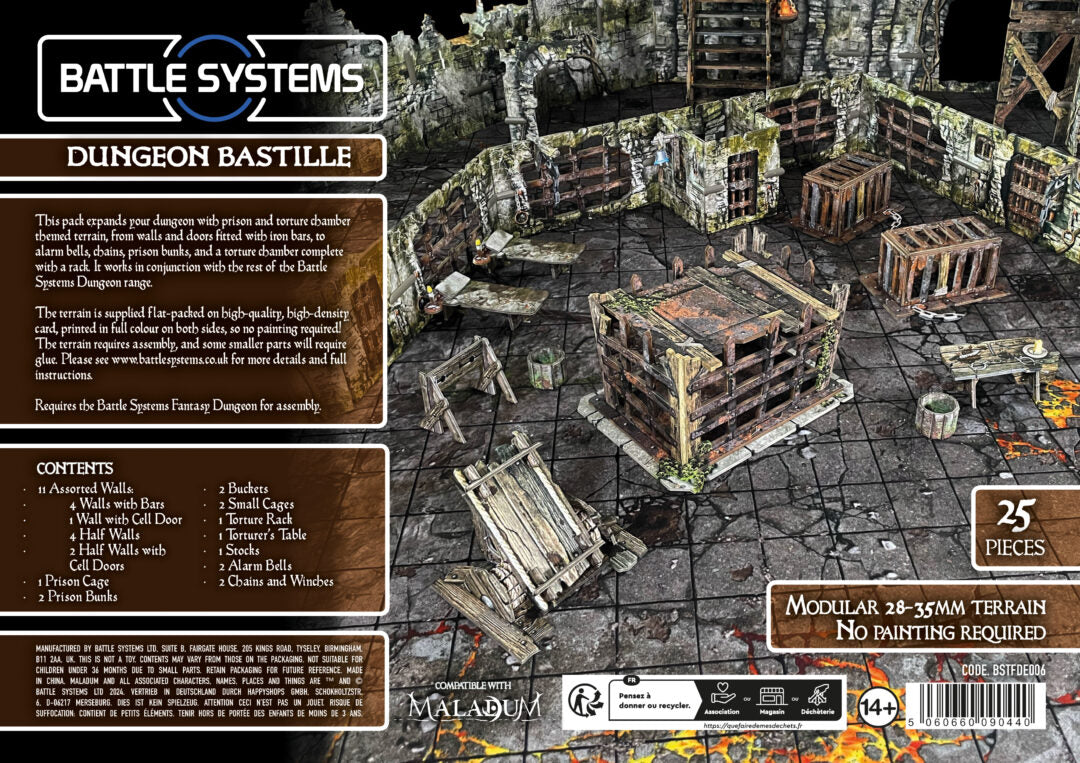 Box art for Battle Systems Dungeon Bastille, showing an assembled modular 28-35mm prison-themed tabletop terrain