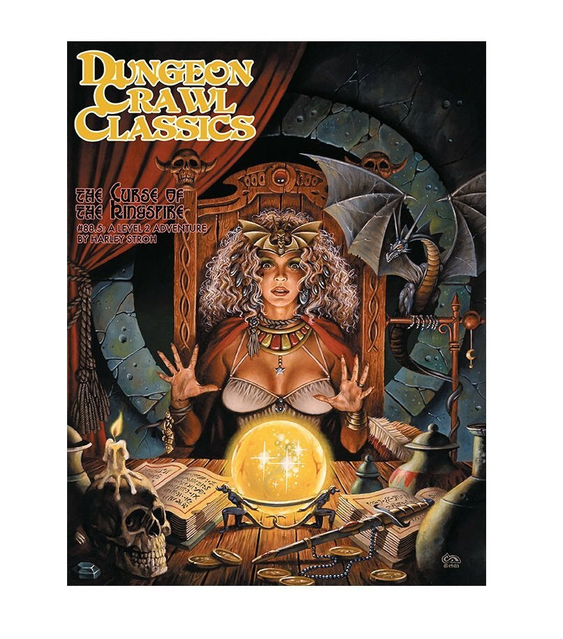 Dungeon Crawl Classics cover: A sorceress with curly hair casts a spell over a glowing crystal ball; skull and dragon nearby.