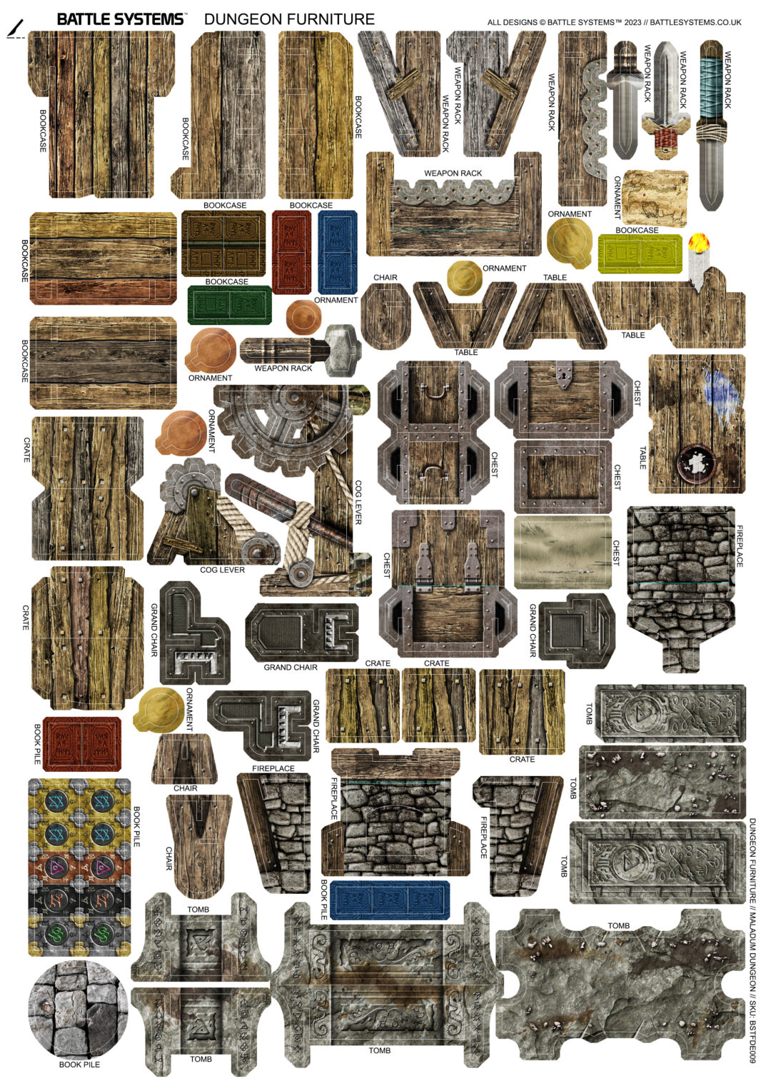 Battle Systems Dungeon Furniture prepainted papercraft set featuring diverse wooden and stone pieces including bookcases weapon racks chests tables chairs crates fireplaces and tombs