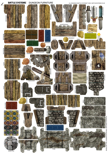 Battle Systems Dungeon Furniture prepainted papercraft set featuring diverse wooden and stone pieces including bookcases weapon racks chests tables chairs crates fireplaces and tombs