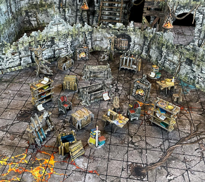 Battle Systems Fantasy Dungeon Furniture set featuring detailed miniature terrain pieces like chests chairs tables beds and bookshelves with fire effects
