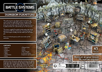 Battle Systems Fantasy Dungeon Furniture set with 43 modular pieces including bookcases tombs fireplaces chests tables chairs weapon racks crates levers and scattered accessories