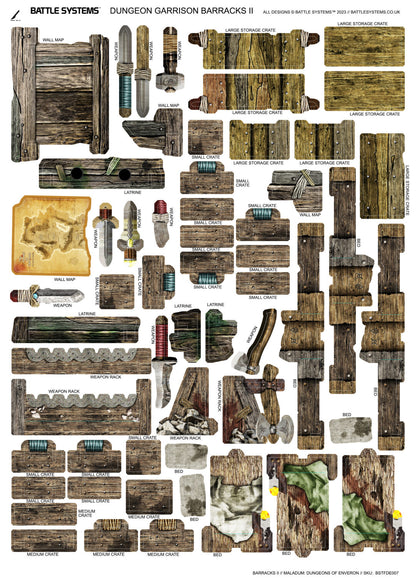 A craft sheet with various wooden-textured cut-out pieces for tabletop dungeon terrain, including walls, crates, beds, and weapons.
