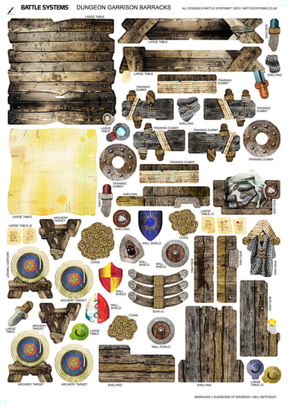 Battle Systems' Dungeon Garrison Barracks game pieces: wooden tables, training dummies, shields, and archery targets.