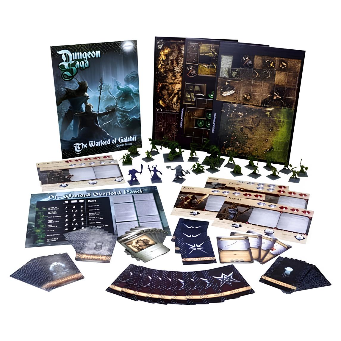 Full spread of Dungeon Saga: The Warlord of Galahir fantasy board game components: box, modular tiles, miniatures, cards, and player boards.