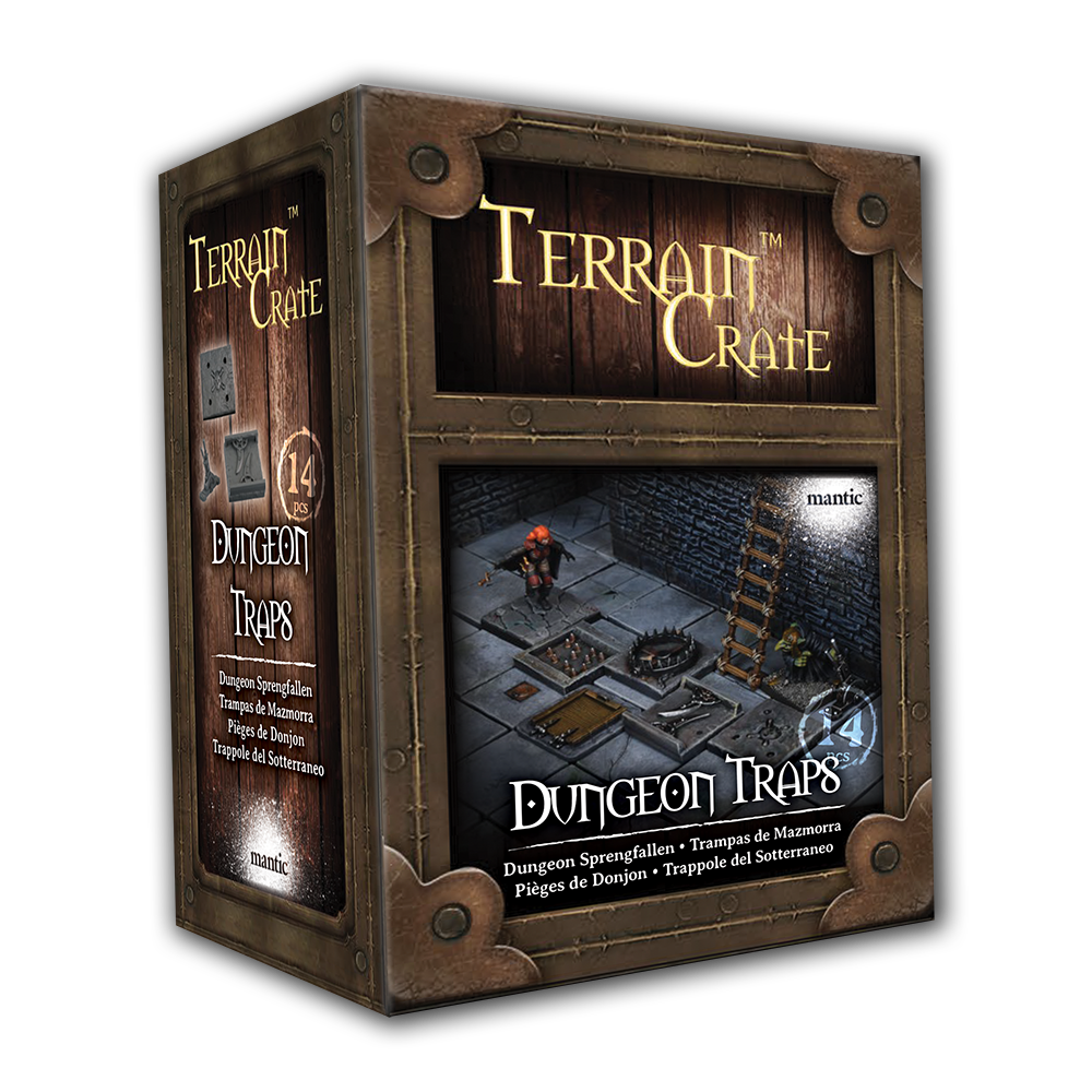 Terrain Crate Dungeon Traps miniature set box, showing a fantasy dungeon scene with mini figures, a ladder, and 14 trap pieces