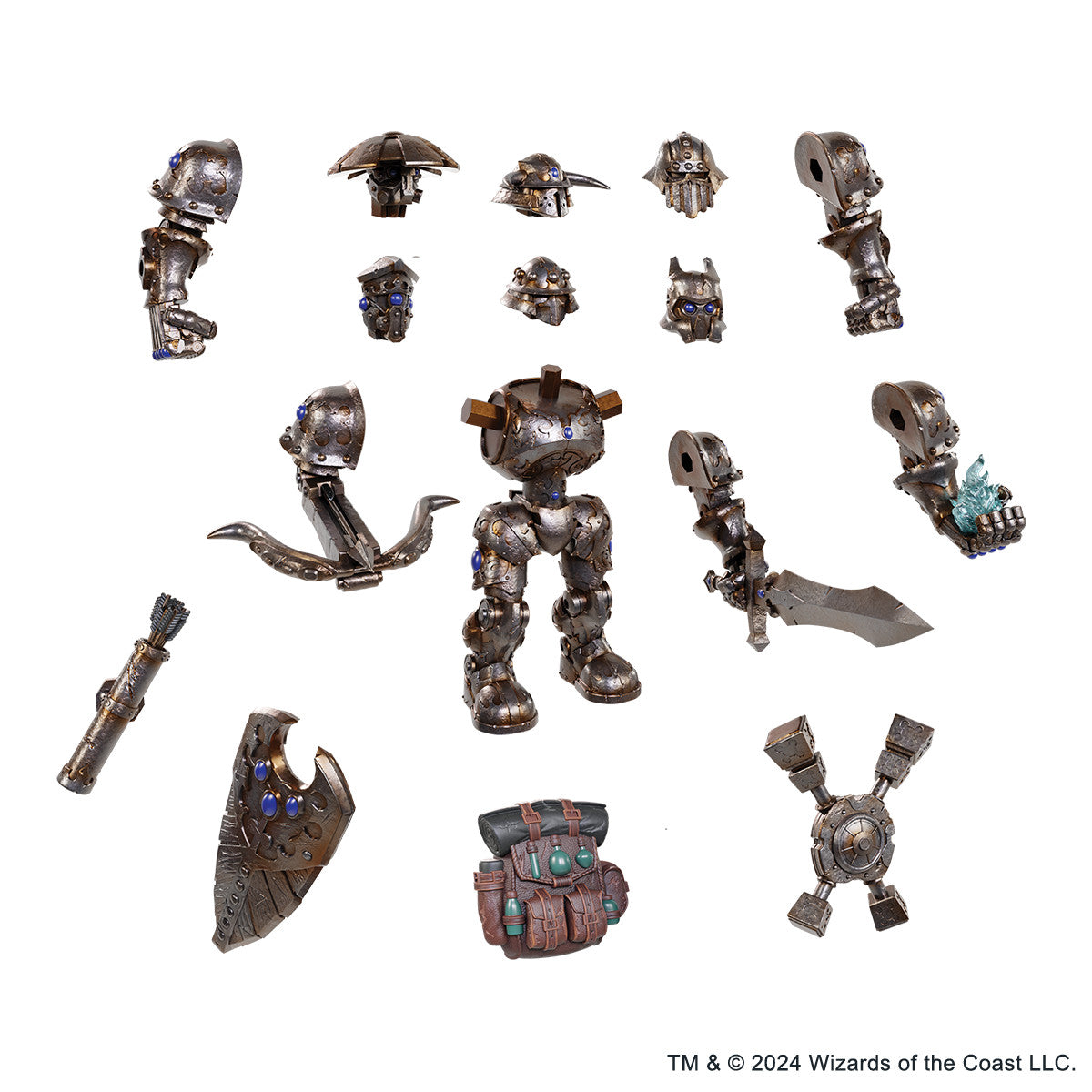 Unassembled bronze-tone metal golem/construct parts: body, legs, multiple heads, arms, sword, crossbow, shield, backpack, and weapons, accented with blue gems