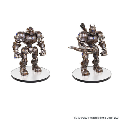Two metallic armored constructs with blue gems, one unarmed, the other with a crossbow and quiver
