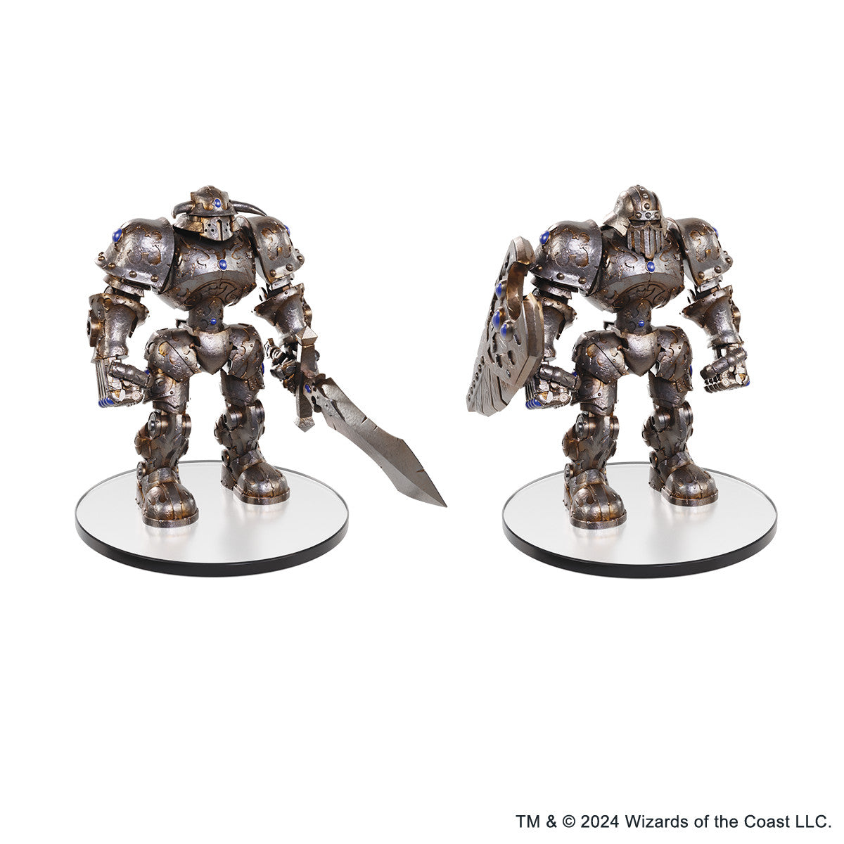 Pair of detailed steampunk-style robot golems, one wielding a sword, the other a shield, both dark metal with blue gem details