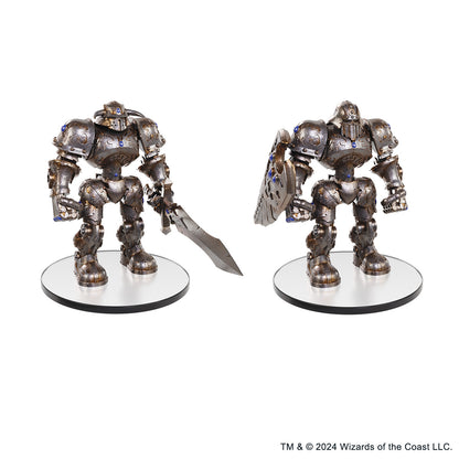 Pair of detailed steampunk-style robot golems, one wielding a sword, the other a shield, both dark metal with blue gem details