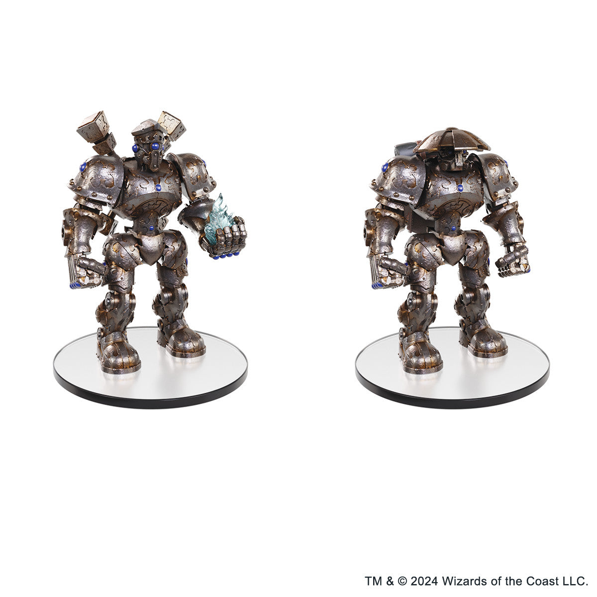 Two dark bronze steampunk robot miniatures with blue gems, one holds blue energy with shoulder cannons, the other has a domed head