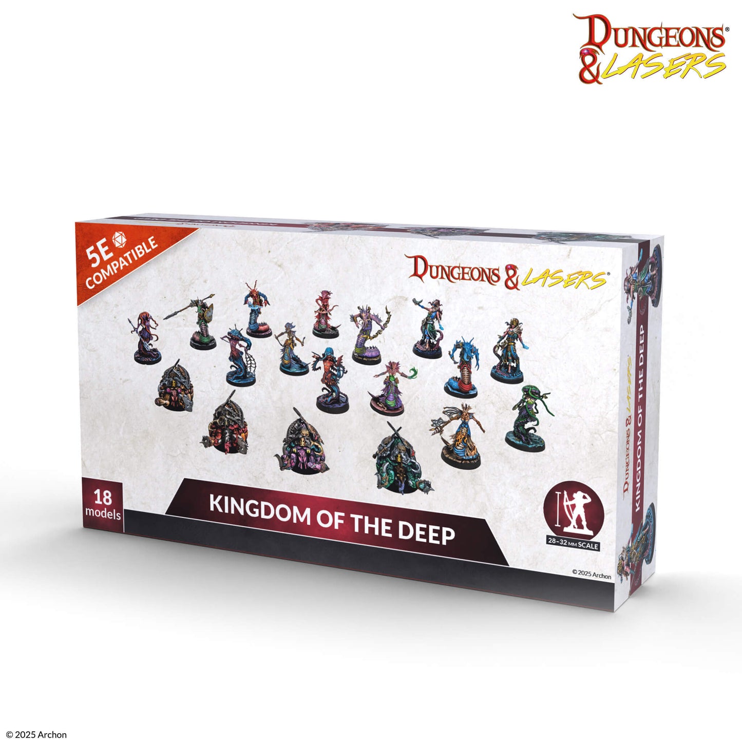 White game box for Dungeons & Lasers: Kingdom of the Deep, displaying 18 diverse aquatic-themed fantasy miniatures, 5E compatible