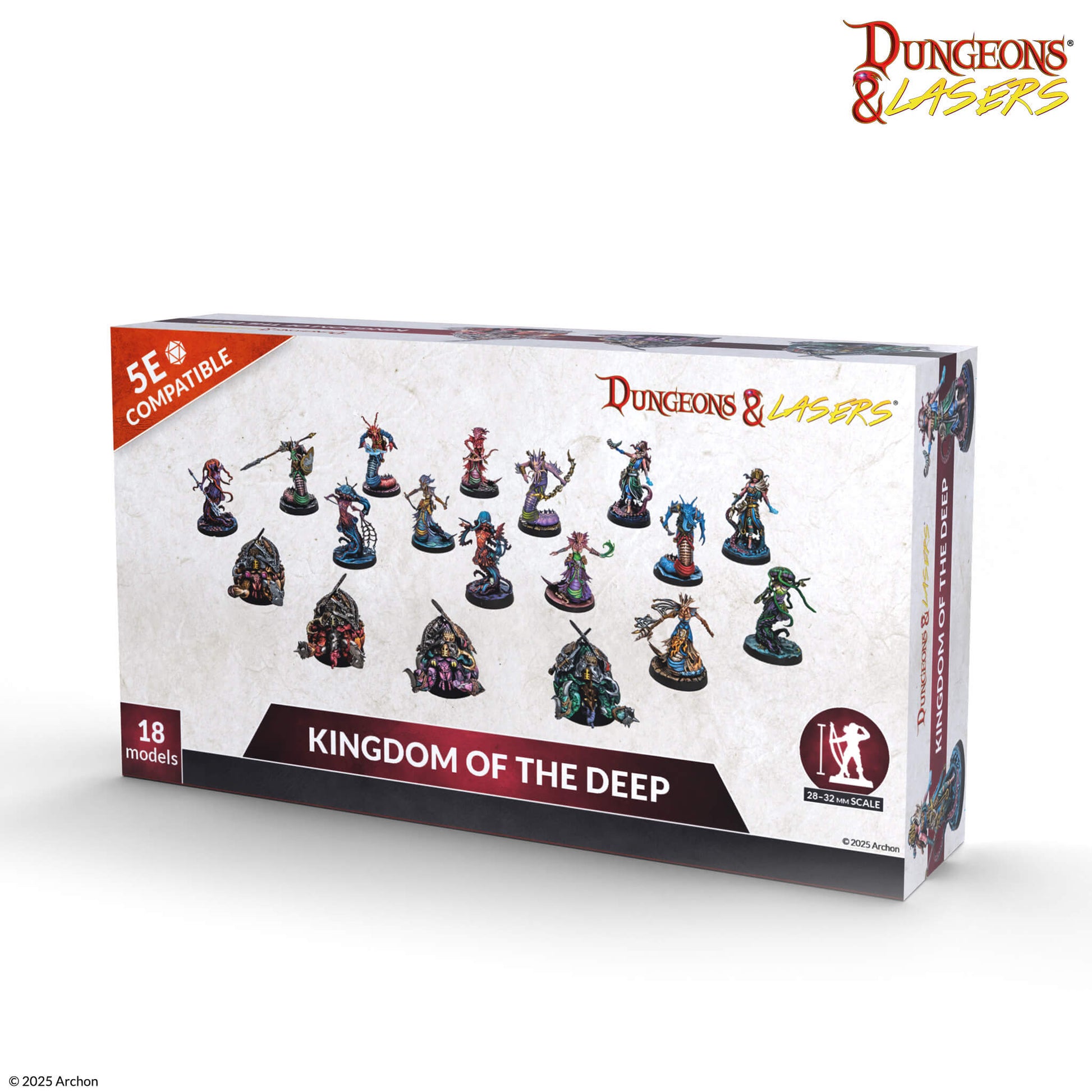 White game box for Dungeons & Lasers: Kingdom of the Deep, displaying 18 diverse aquatic-themed fantasy miniatures, 5E compatible