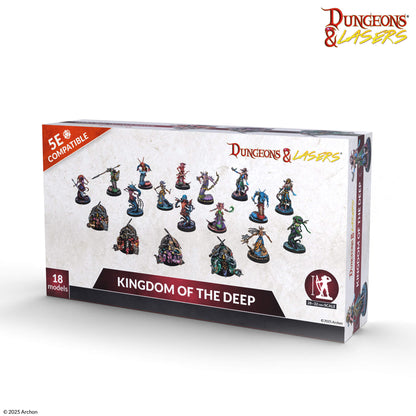White game box for Dungeons & Lasers: Kingdom of the Deep, displaying 18 diverse aquatic-themed fantasy miniatures, 5E compatible