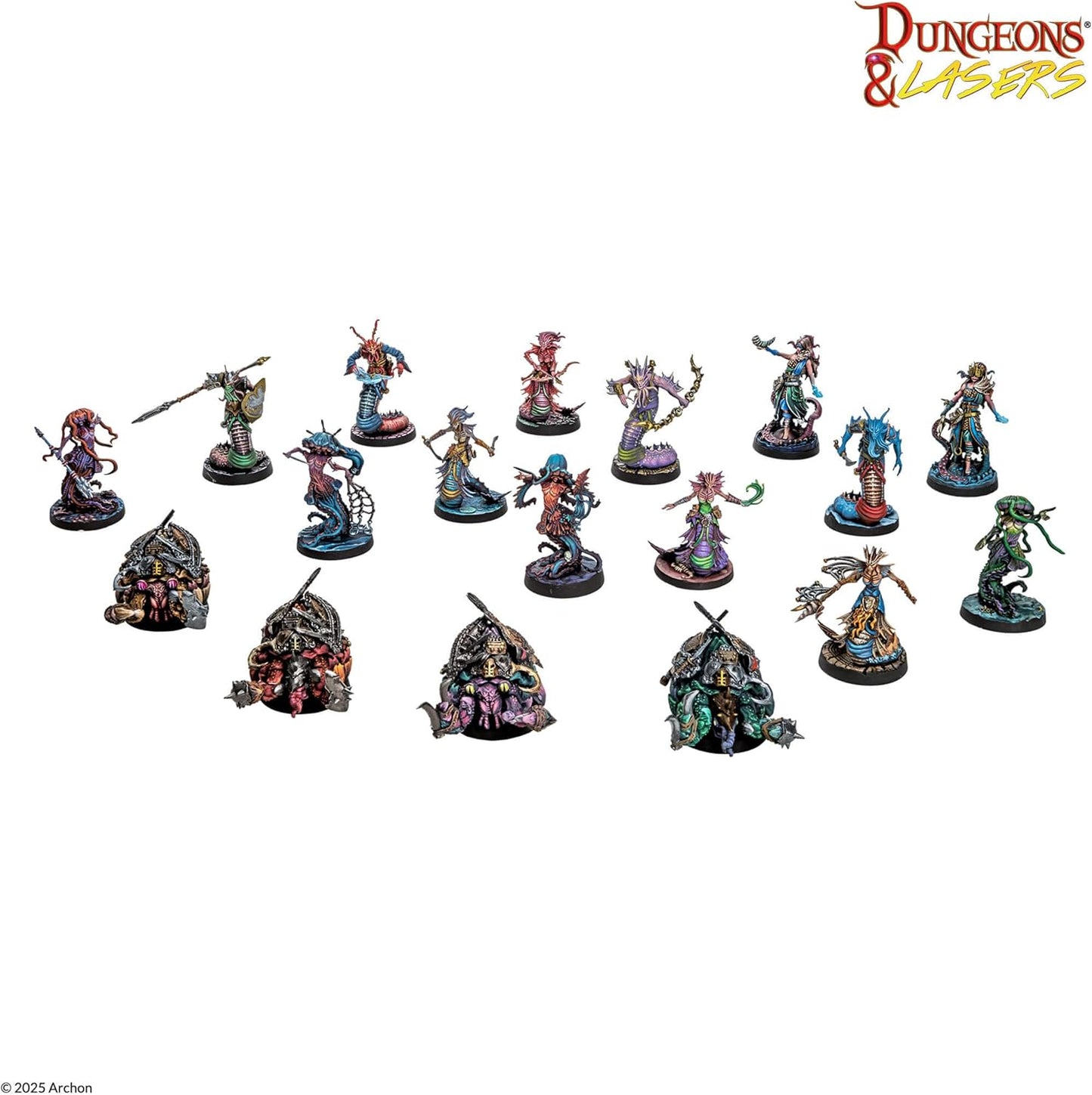 Various Dungeons & Lasers fantasy miniatures, mostly snake-bodied humanoids with weapons, plus four larger monstrous figures