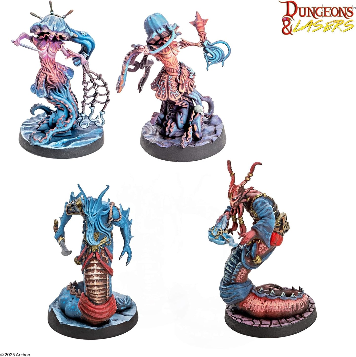 Four painted Dungeons & Lasers fantasy miniatures: two jellyfish-like humanoids and two serpentine monsters