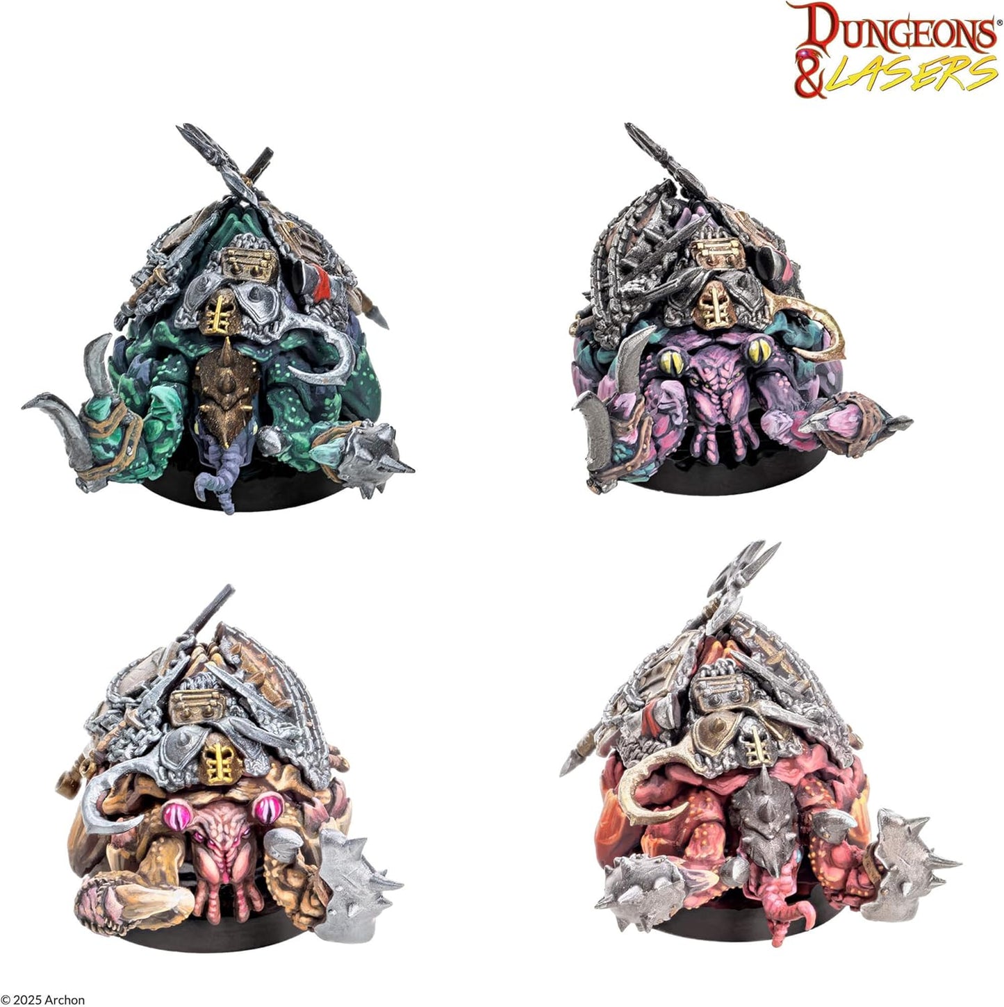 Four Dungeons & Lasers fantasy monster miniatures. Armored shells of weapons cover fleshy, multi-limbed bodies in diverse colors
