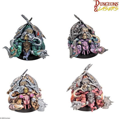 Four Dungeons & Lasers fantasy monster miniatures. Armored shells of weapons cover fleshy, multi-limbed bodies in diverse colors