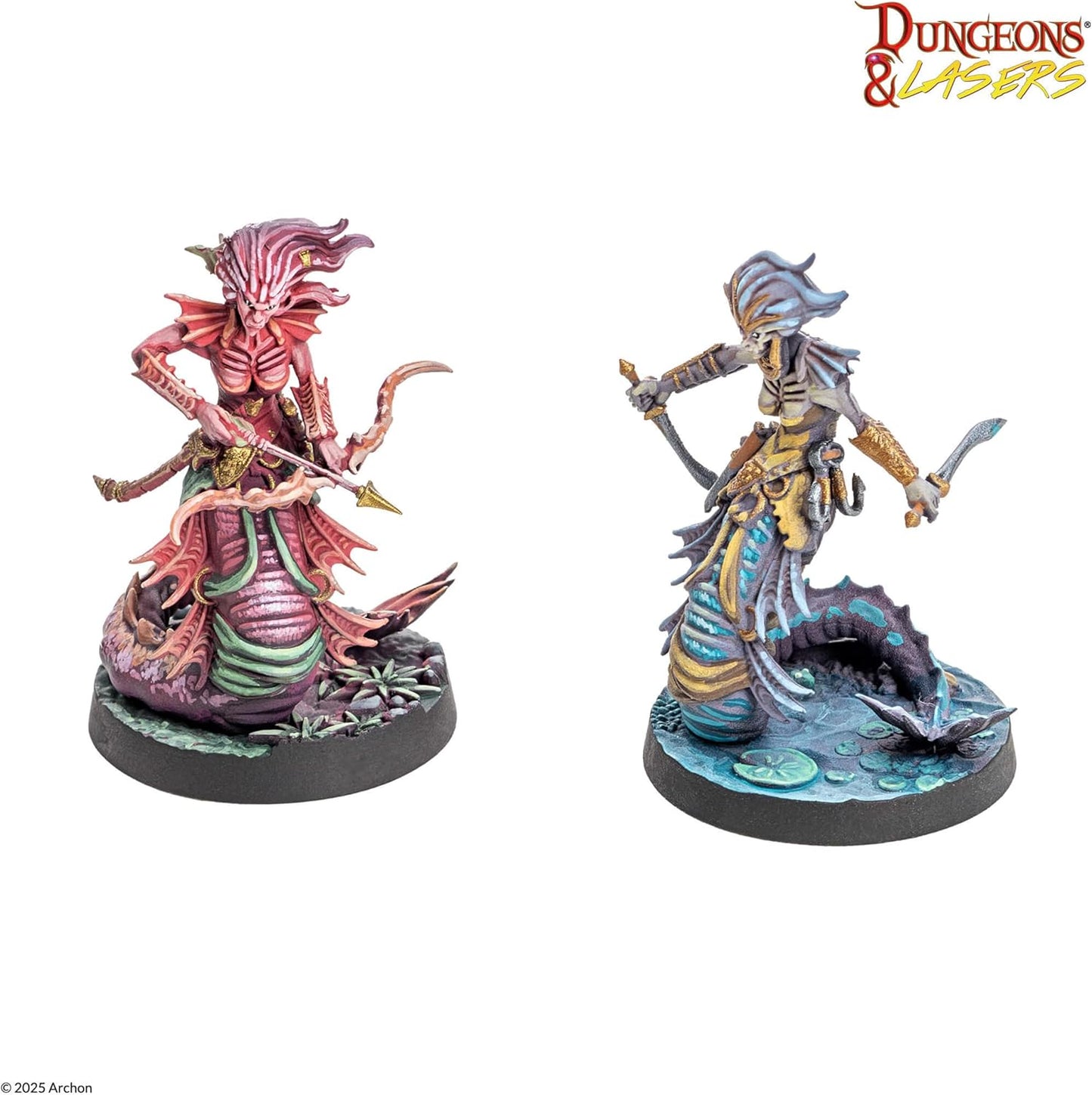 Two painted naga miniatures: a red archer aiming a bow and a blue-gray warrior wielding twin daggers