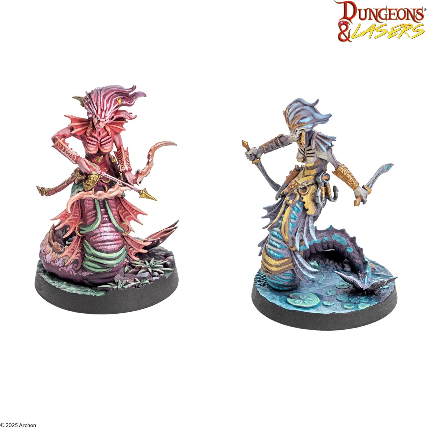 Two painted naga miniatures: a red archer aiming a bow and a blue-gray warrior wielding twin daggers