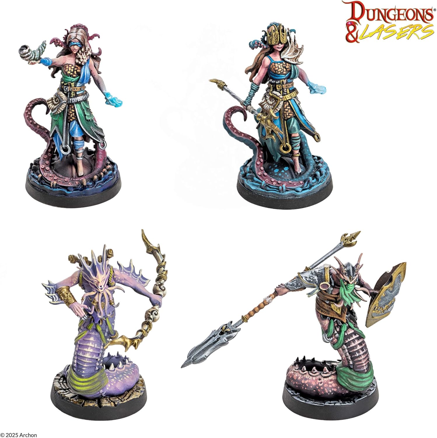 Four Dungeons & Lasers fantasy miniatures: two female with octopus tentacles, two male with serpentine bodies, wielding weapons