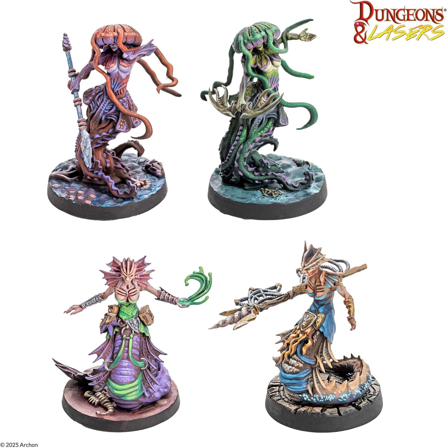 Four highly detailed D&D-style miniatures: jellyfish, tentacle, finned, and snake-like creatures with weapons