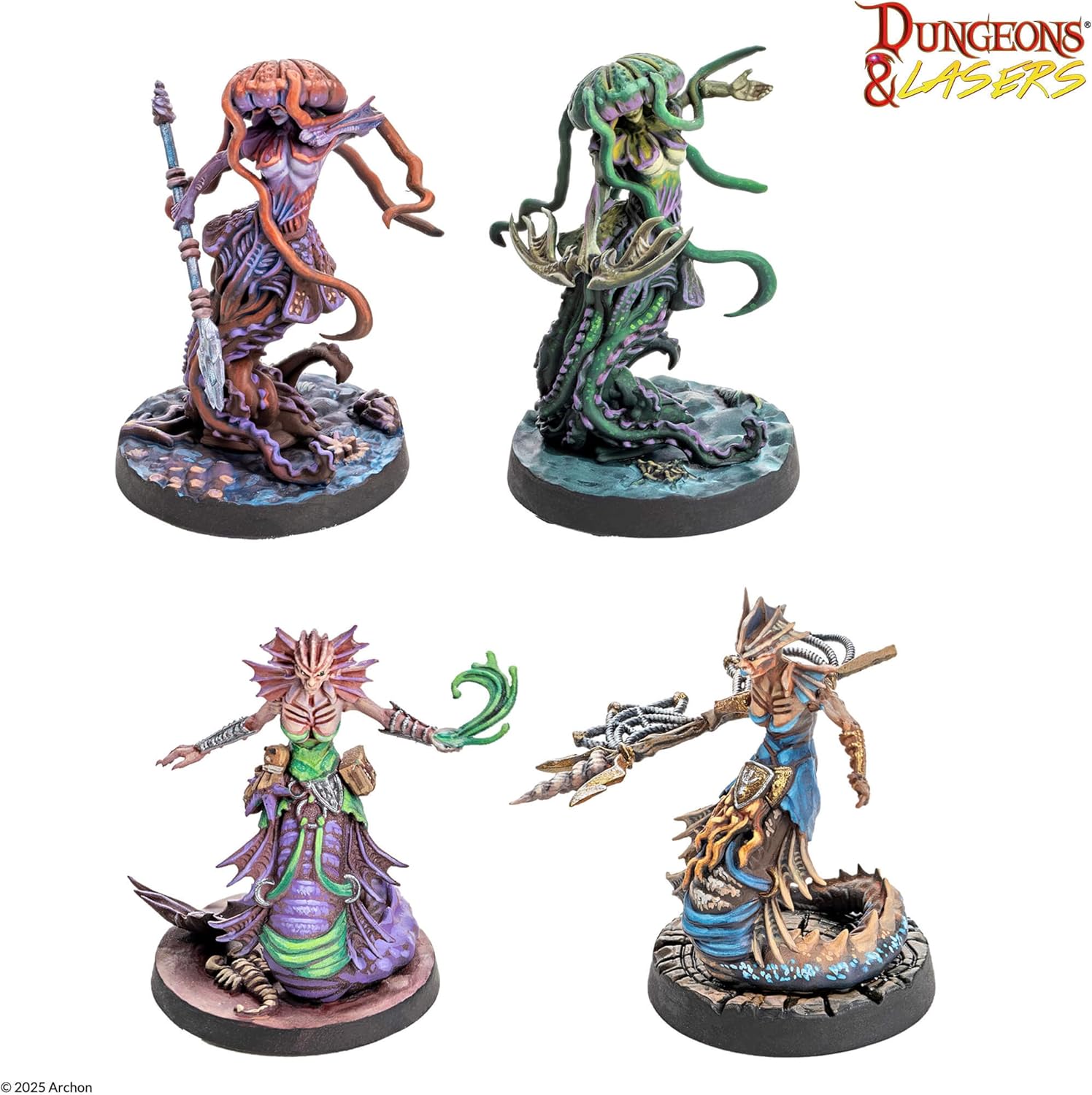 Four highly detailed D&D-style miniatures: jellyfish, tentacle, finned, and snake-like creatures with weapons