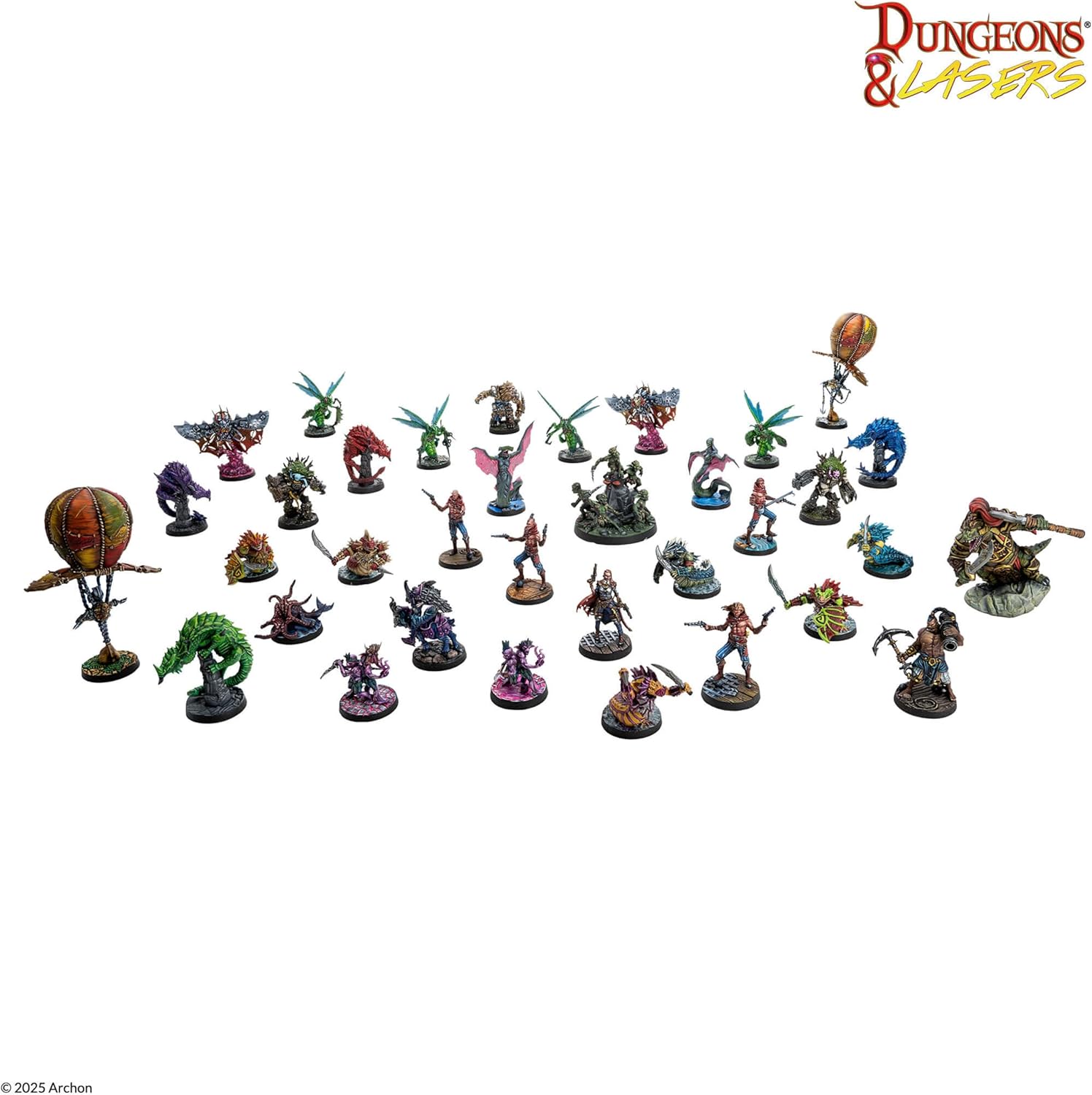 A collection of colorful Dungeons & Lasers fantasy and sci-fi miniatures: monsters, humanoids, and airships, on a white background