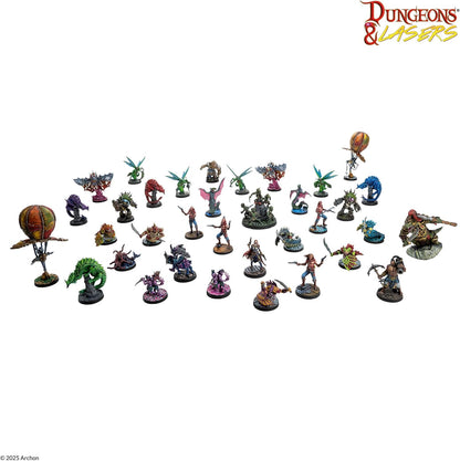 A collection of colorful Dungeons & Lasers fantasy and sci-fi miniatures: monsters, humanoids, and airships, on a white background