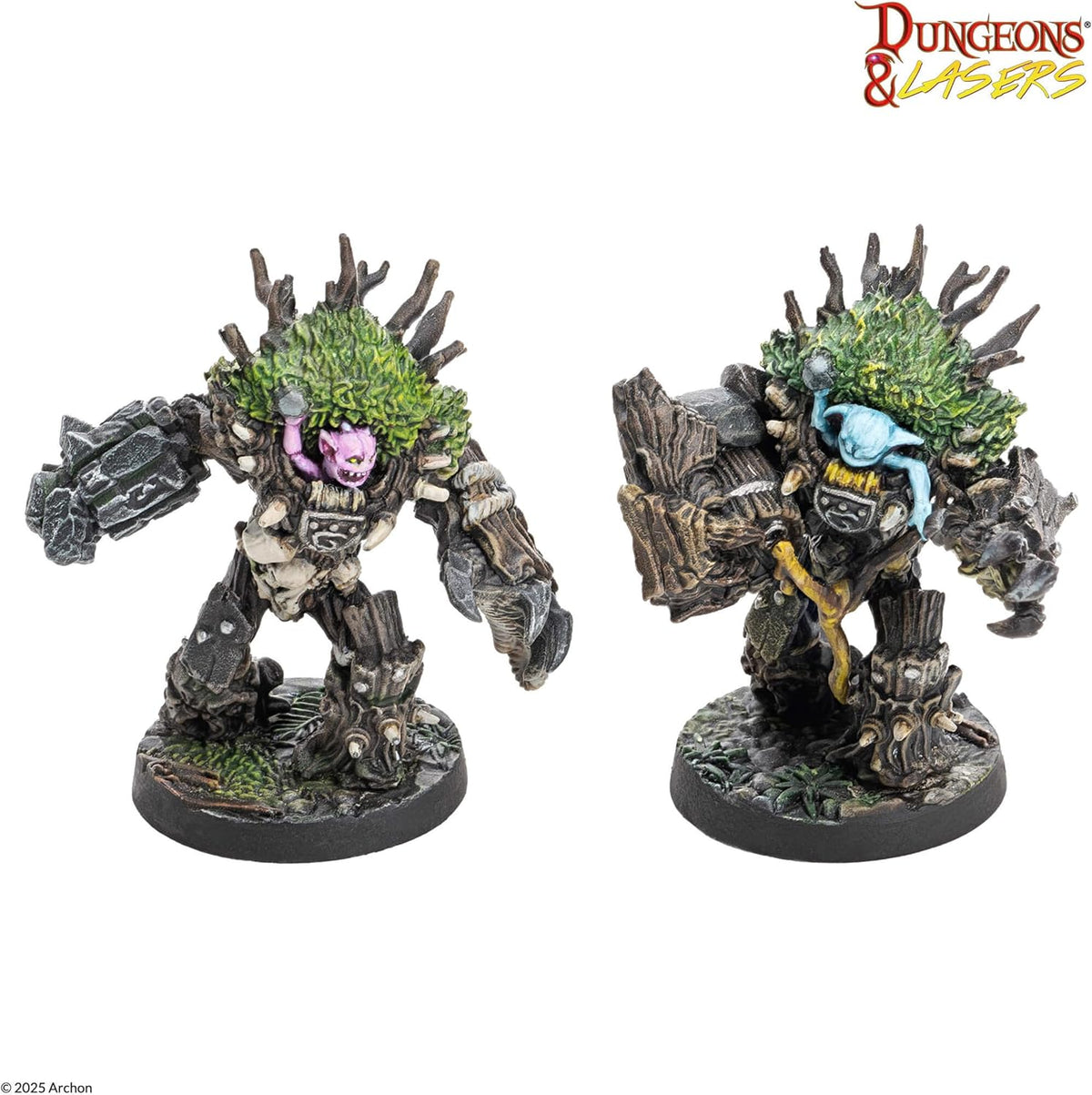 Two detailed treant-like miniatures, topped with moss. A pink creature emerges from one&#39;s chest, a blue creature from the other