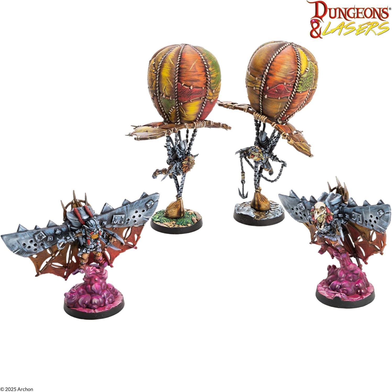 Four D&L miniatures: two patchwork hot air balloons with mechanical goblins, two winged skull-masked goblins on smoke