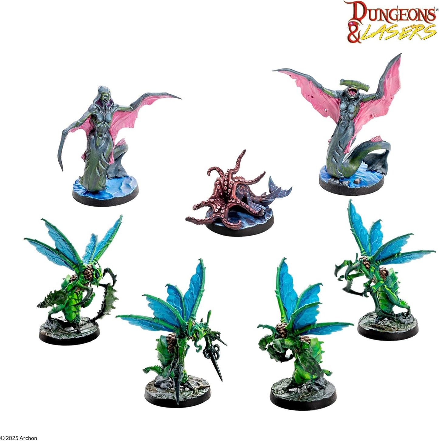 D&D miniatures: Two monstrous aquatic humanoids with pink fins, a brown octopus, and four green insectoids with blue wings