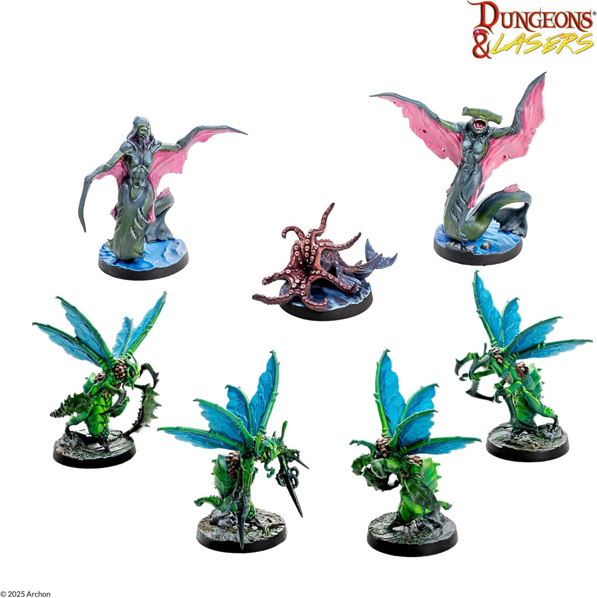D&amp;D miniatures: Two monstrous aquatic humanoids with pink fins, a brown octopus, and four green insectoids with blue wings