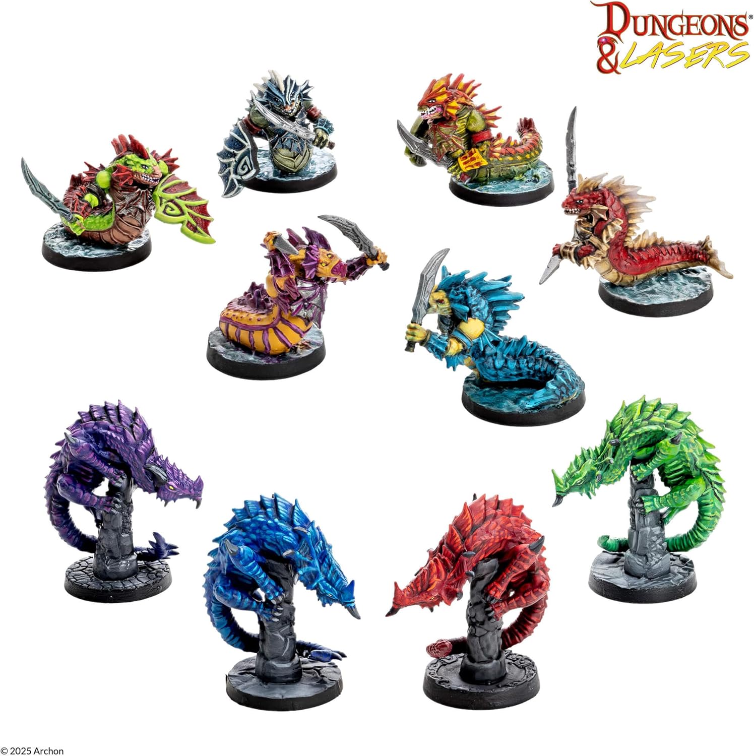 Ten colorful Dungeons & Lasers fantasy miniatures: armed reptilian warriors and dragon busts