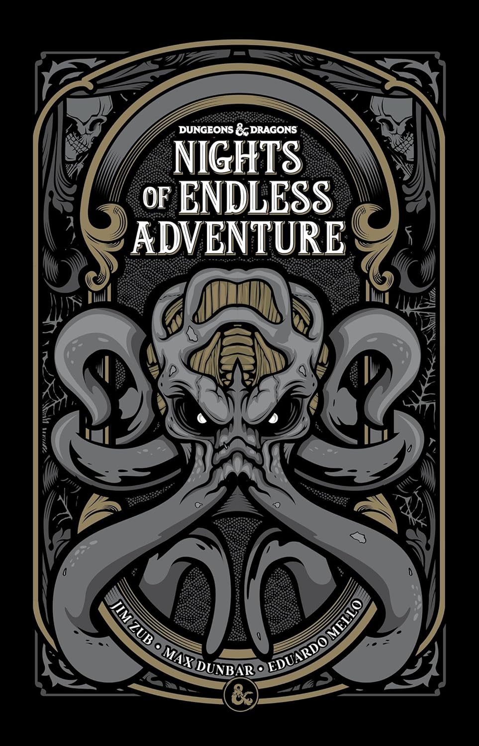 D&D 'Nights of Endless Adventure' cover: Ornate dark fantasy art with a menacing grey tentacled mind flayer