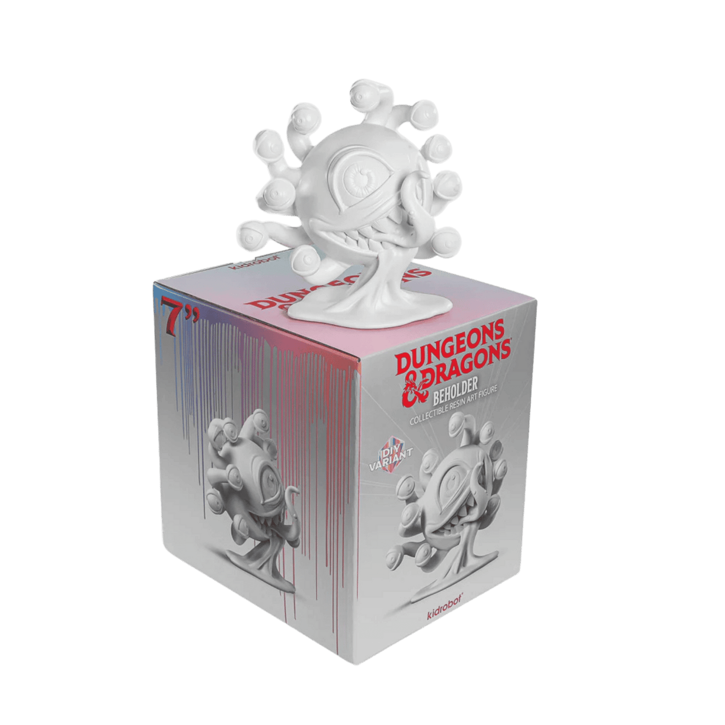An unpainted D&D Beholder 'DIY Variant' figure, a monster with a central eye & many eyestalks, on its branded box