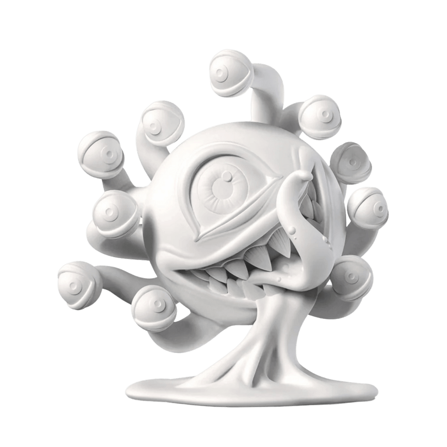 White 3D render of a spherical monster with a large central eye, a fanged mouth, and many smaller eyes on stalks