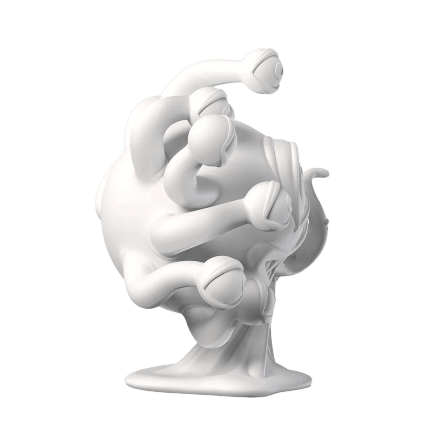 A white spherical monster covered in numerous eye-stalks, looking in various directions, on black