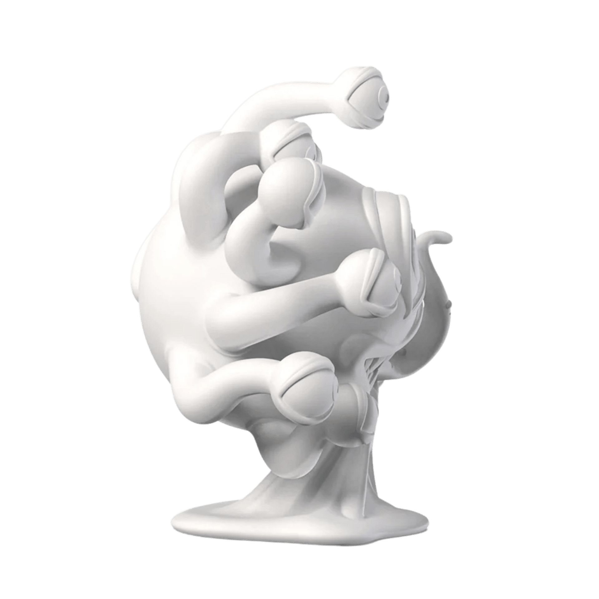 A white spherical monster covered in numerous eye-stalks, looking in various directions, on black