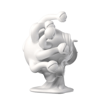 A white spherical monster covered in numerous eye-stalks, looking in various directions, on black